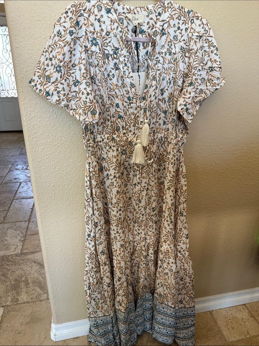 Elan Cream Floral Tassel Maxi Dress with Teal Accents